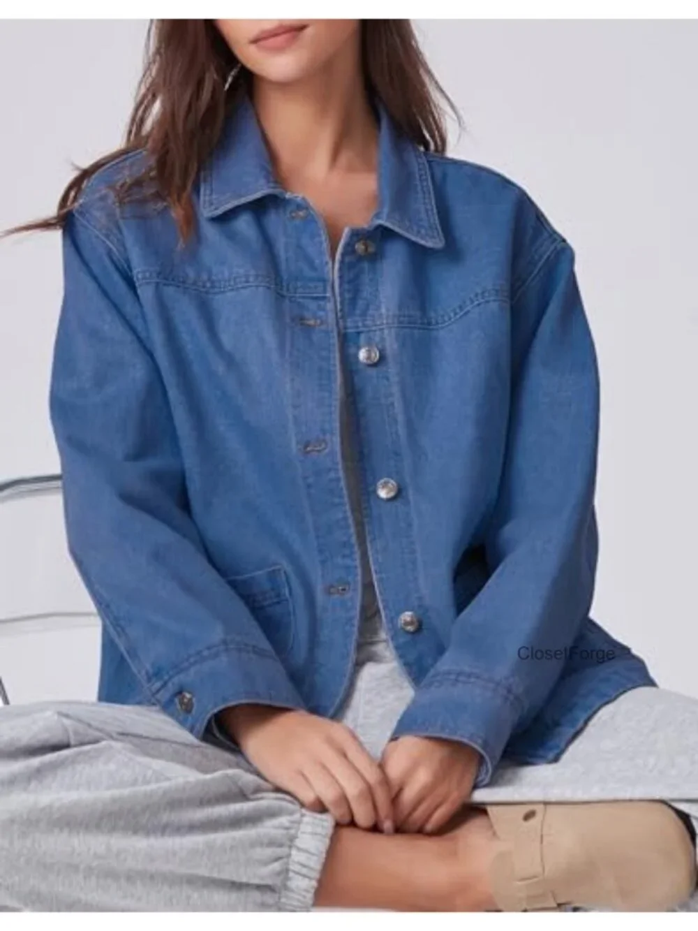 Oversized Denim Jacket Shacket Button Down Long Sleeve Jean Coat